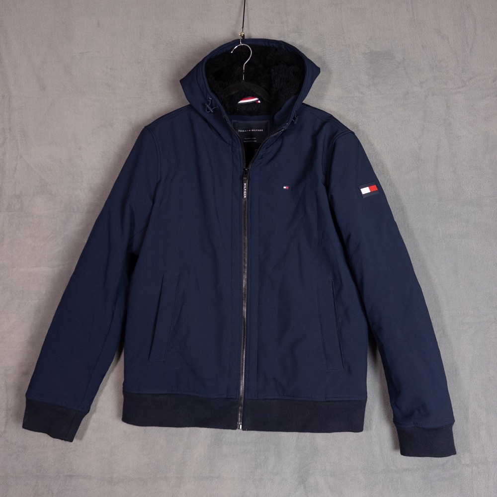 Tommy Hilfiger Softshell Jacket Mens XL Navy Blue Faux Fur Lined Hooded Coat